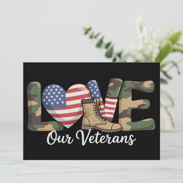 Love Our Veterans Day Proud Military American Flag Invitation (Standing Front)
