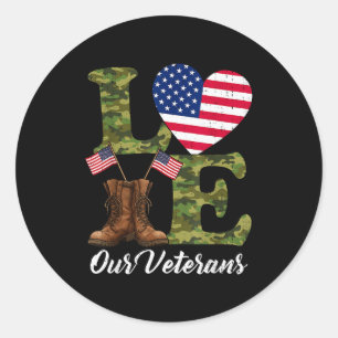 Love Our Veterans Usa Flag Heart Patriotic Army Mi Classic Round Sticker