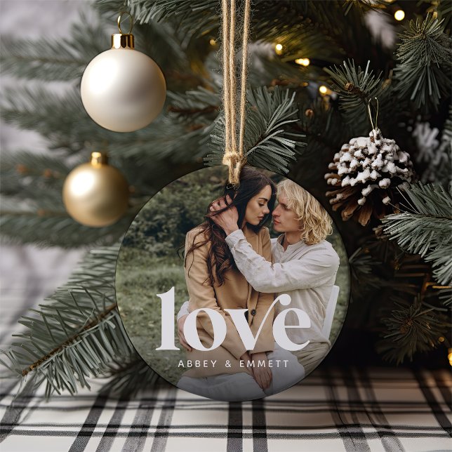 Love Overlay Photo & Names Ceramic Ornament (Creator Uploaded)