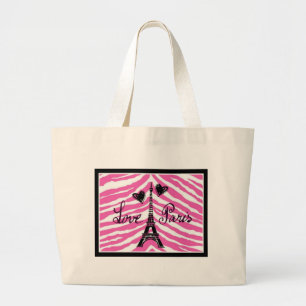 LOVE PARIS PINK ZEBRA EIFFEL TOWER HEART PRINT LARGE TOTE BAG