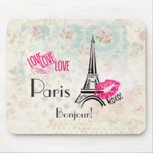 Love Paris with Eiffel Tower on Vintage Pattern Mouse Pad