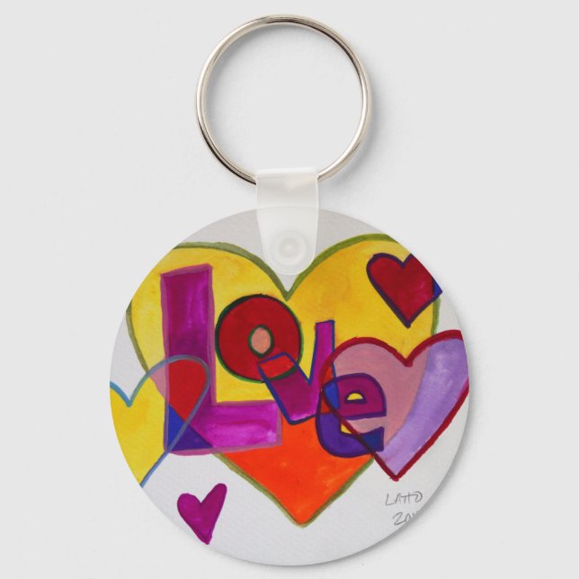 Love Patchwork Hearts Watercolor Painting Keychain (Front)