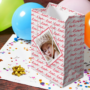 Love Pattern with Two Photos Pink Valentine's Day Medium Gift Bag