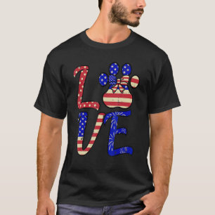 Love Paw Ribbon US Flag 4th of July Patriotic Dog T-Shirt
