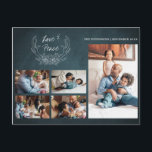 Love & peace 5 photo collage chalkboard holiday postcard<br><div class="desc">Simple minimalist handwritten white typography on dark navy blue chalkboard winter holidays family greeting card with five photos featuring hand-drawn sketched antlers with a seasonal botanical bouquet.             Easy to personalise with your photos,  custom text and signature on both sides.</div>
