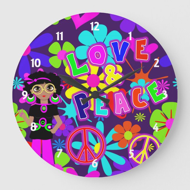 Love & Peace 60'S  Hippie Flower Power Groovy Large Clock (Front)