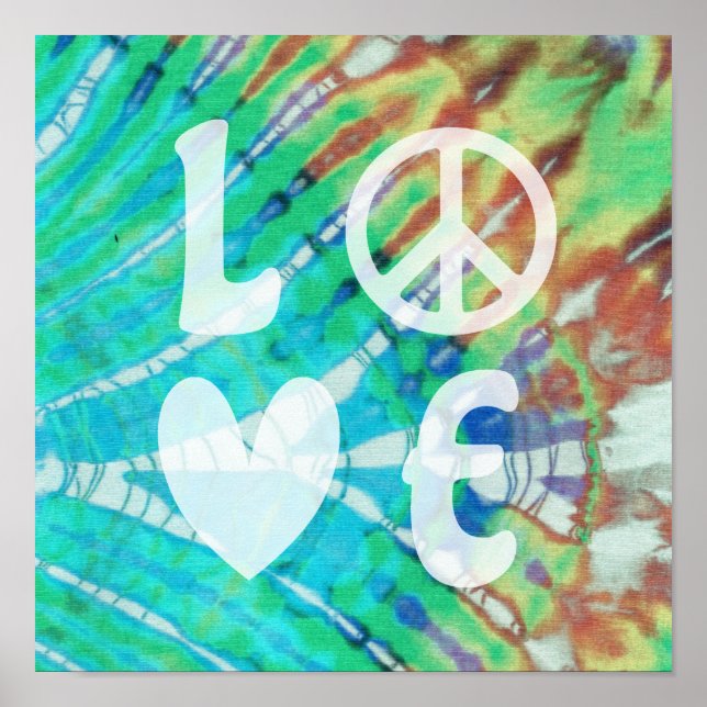 Love Peace Abstract Hippie Boho Teal Batik Tie Dye Poster (Front)