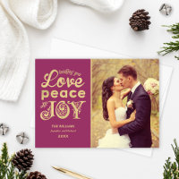 Love Peace and Joy Burgundy Gold Wedding Photo