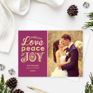 Love Peace and Joy Burgundy Gold Wedding Photo Holiday Card