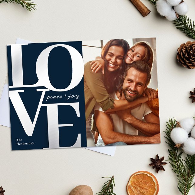 Love, Peace and Joy Christmas Blue Family Photo Foil Holiday Card (Creator Uploaded)