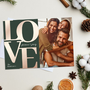 Love, Peace and Joy Christmas Green Family Photo Foil Holiday Card