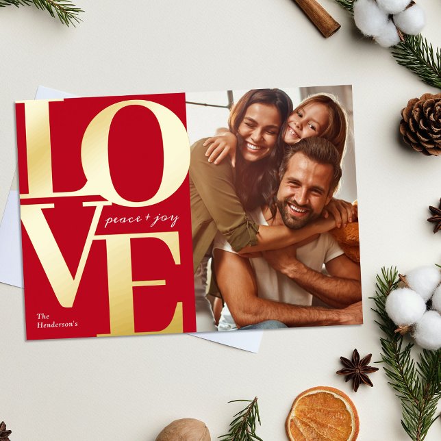 Love, Peace and Joy Christmas Red Family Photo Foil Holiday Card (Creator Uploaded)