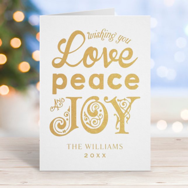 Love Peace and Joy First Christmas Photo Gold Foil Card (Creator Uploaded)