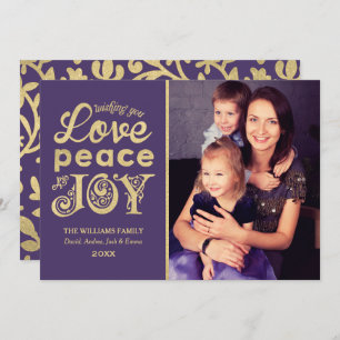 Love Peace and Joy Purple Gold Photo Holiday Card