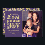 Love Peace and Joy Purple Gold Photo Holiday Card<br><div class="desc">Vintage faux gold foil typography holiday photo card features "Wishing you Love,  Peace and Joy" stylized text,  custom text that can be personalized,  and a floral scroll pattern on the back. Purple / eggplant background color can be customized to coordinate with your photo.</div>