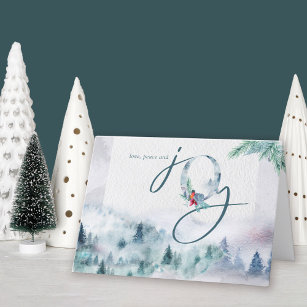 Love Peace and Joy Watercolor Misty Pine Forest Holiday Card