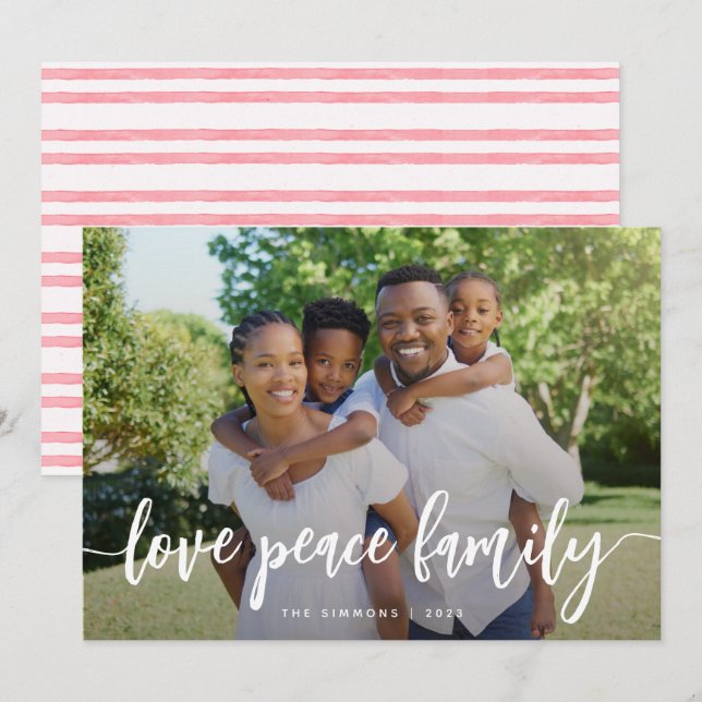 Love Peace Family Modern Brush Script Photo Holiday Card (Front/Back)