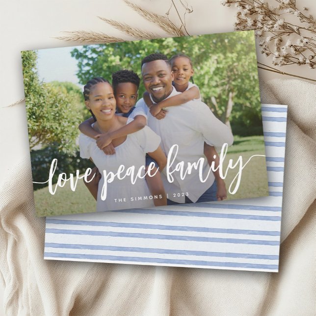 Love Peace Family Modern Brush Script Photo Holiday Card (Creator Uploaded)