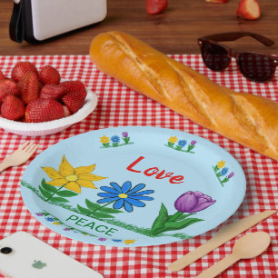 Love Peace Garden Flowers White Paper Plate