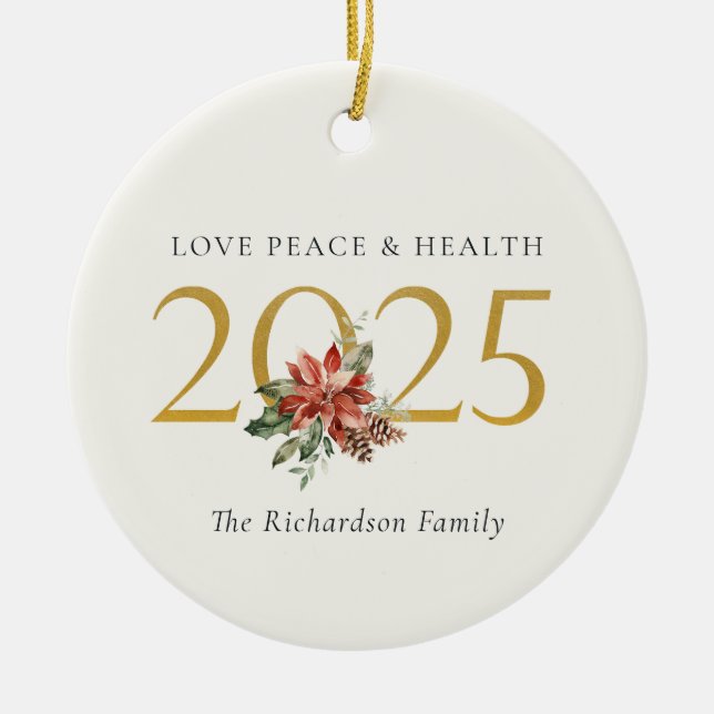 Love Peace Health Poinsettia Bunch Foil Gold 2025  Ceramic Ornament (Front)