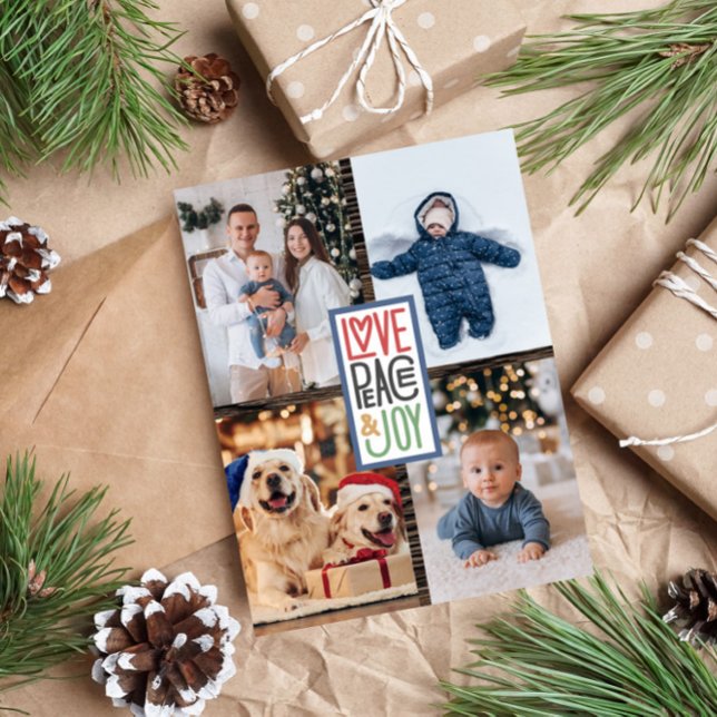 Love Peace & Joy (add your photos) Rustic Wood Holiday Card (Creator Uploaded)