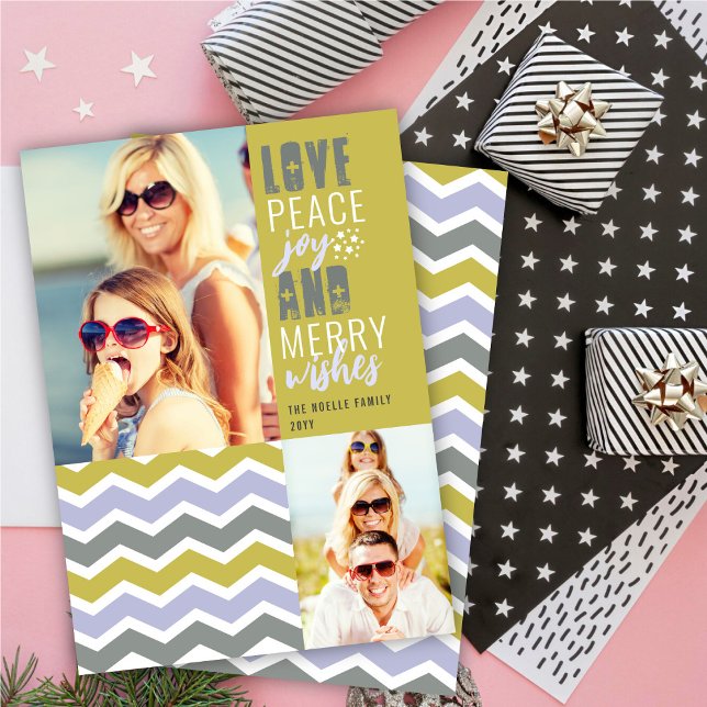 Love Peace Joy And Merry Wishes Chevron Mod Photo Holiday Card (Creator Uploaded)