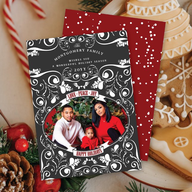 Love Peace Joy Art Nouveau Floral Flourish Photo Holiday Card (Creator Uploaded)