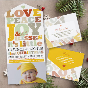 Love Peace Joy & Baby Kisses Photo Holiday Birth All In One Invitation