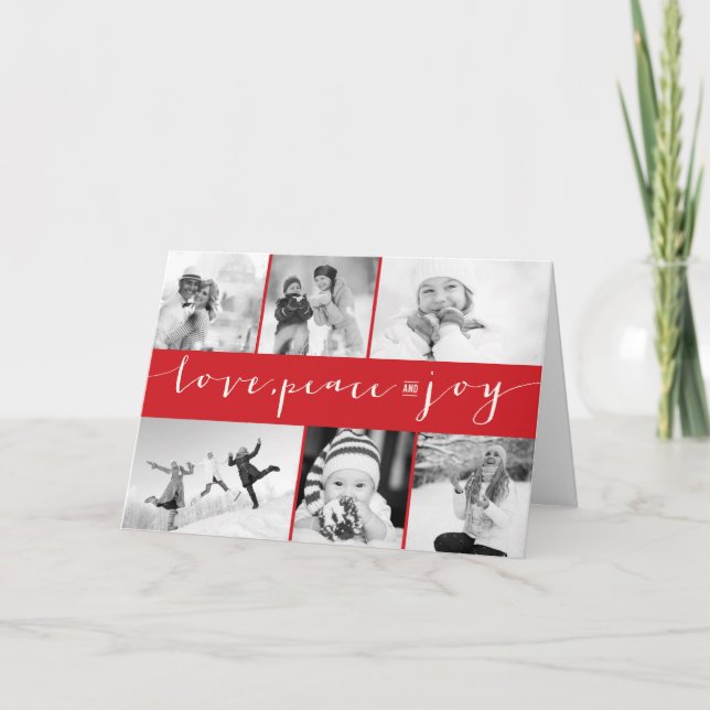 Love Peace Joy Calligraphy Modern 6 Photo Collage Holiday Card (Front)
