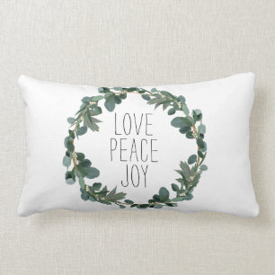 Love Peace Joy Christmas Eucalyptus Berry Wreath Lumbar Cushion