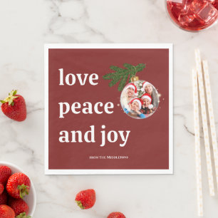 Love Peace Joy Christmas Family Photo Burgundy Red Napkin