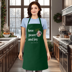Love Peace Joy Christmas Family Photo Forest Green Apron