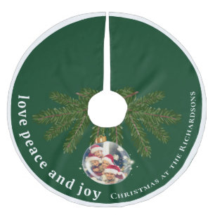 Love Peace Joy Christmas Family Photo Forest Green Brushed Polyester Tree Skirt