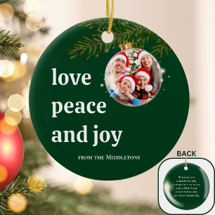 Love Peace Joy Christmas Family Photo Forest Green Ceramic Ornament