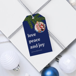 Love Peace Joy Christmas Family Photo Navy Blue Gift Tags