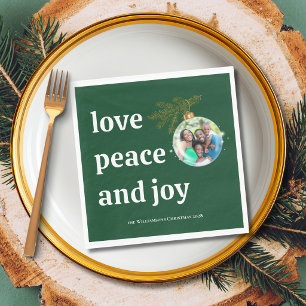 Love Peace Joy Christmas Party Photo Forest Green Napkin