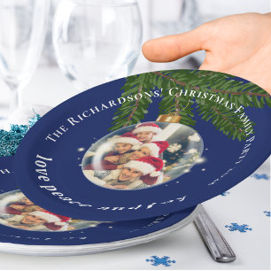 Love Peace Joy Christmas Party Photo Navy Blue Paper Plate
