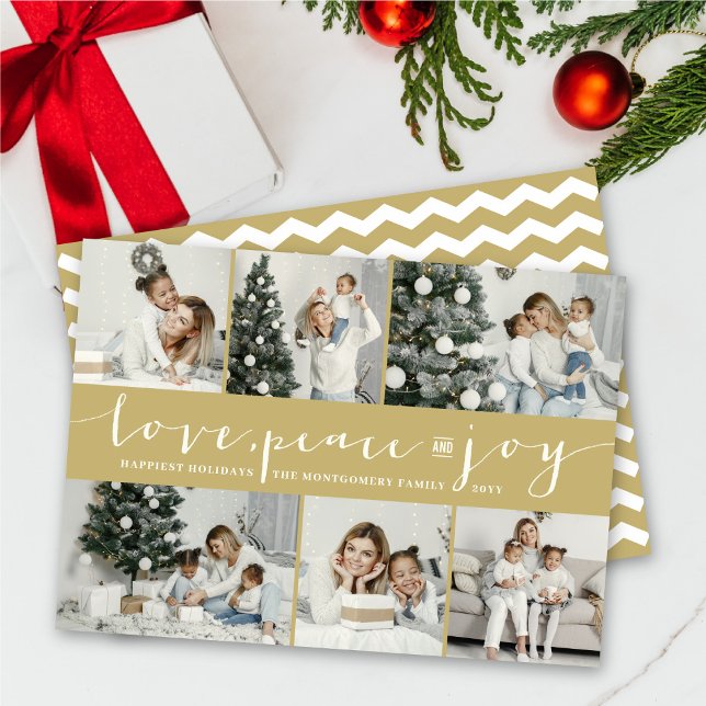 Love Peace Joy Gold Band Modern 6 Photo Collage Holiday Card (Creator Uploaded)