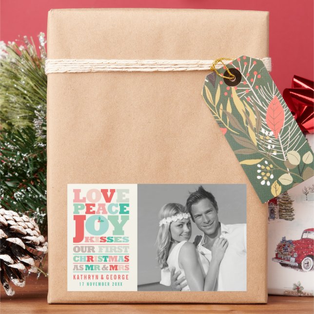 Love Peace Joy Kisses Colour Typography Christmas Rectangular Sticker (Holiday)