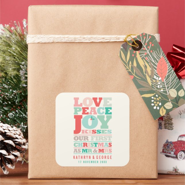 Love Peace Joy Kisses Colour Typography Christmas Square Sticker (Holiday)