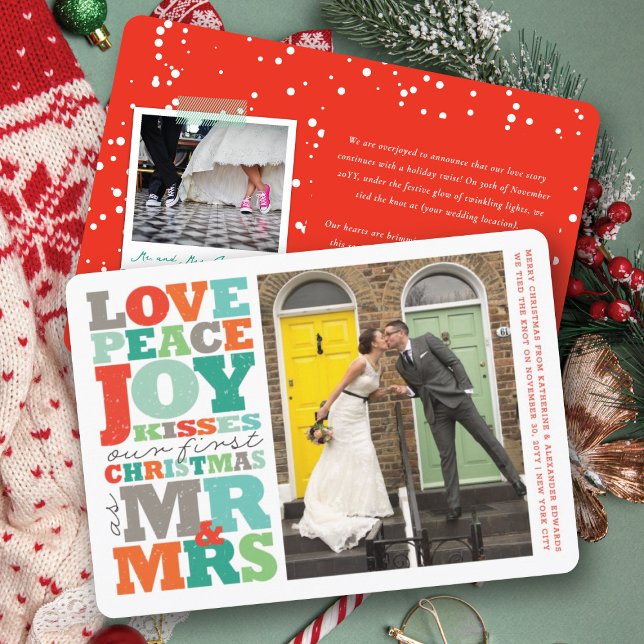 Love Peace Joy Kisses Mr & Mrs 1st Christmas Photo Holiday Card (Love Peace Joy Kisses Colorful Bold Typography Mr & Mrs 1st Christmas Photo Holiday Card by fatfatin)
