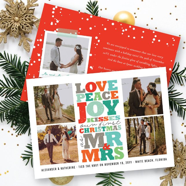 Love Peace Joy Kisses Mr & Mrs 1st Christmas Photo Holiday Card (Love Peace Joy Kisses COlorful Typography Mr & Mrs 1st Christmas Photo Holiday Card by fat*fa*tin)