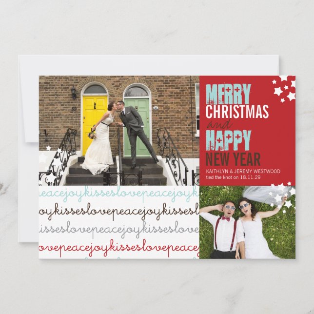 Love Peace Joy Kisses Mr & Mrs 1st Christmas Photo Holiday Card (Front)