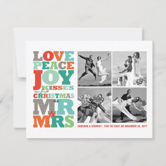 Love Peace Joy Kisses Mr & Mrs 1st Christmas Photo RSVP Card (Front)