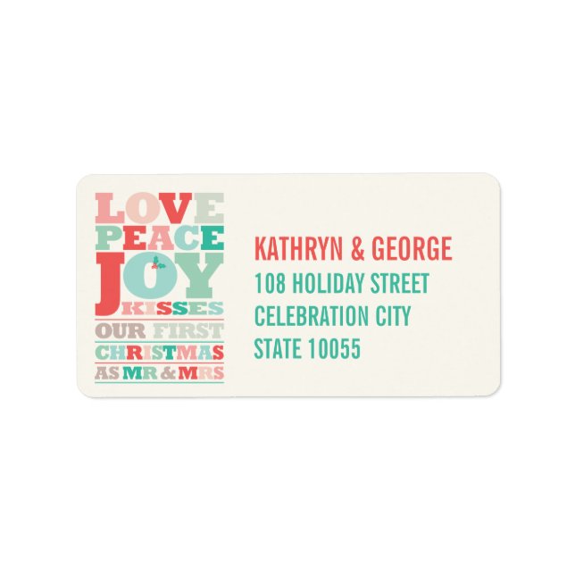 Love Peace Joy Kisses Typography Christmas Address Label (Front)