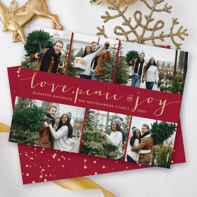 Love Peace Joy Maroon Band Modern 6 Photo Collage Holiday Card (Creator Uploaded)