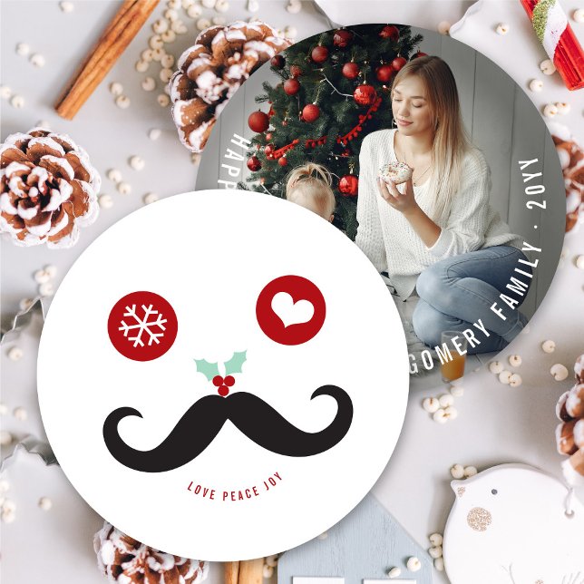 Love Peace Joy Mustache Funny Smiley Face Photo Holiday Card (Creator Uploaded)