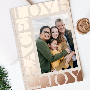 LOVE PEACE JOY one photo frame blush rose gold Foil Holiday Card