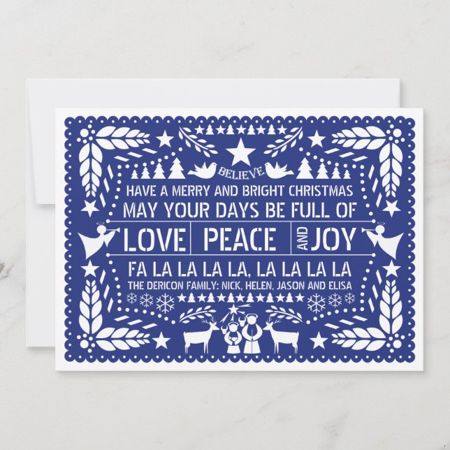 Love Peace, Joy papel picado blue Christmas Holiday Card (Front)