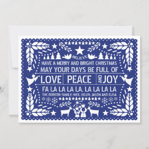 Love Peace, Joy papel picado blue Christmas Holiday Card